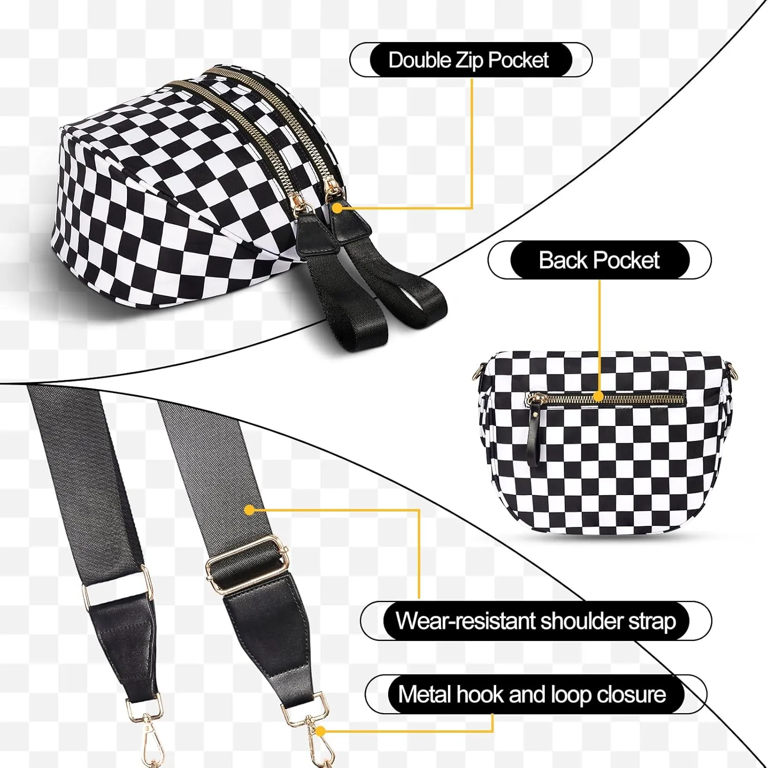 Checkered Crossbody Bag,Nylon Bum Bags for Women Crossbody,Spacious Sling Bag Purse Fanny Packs with Shoulder Strap