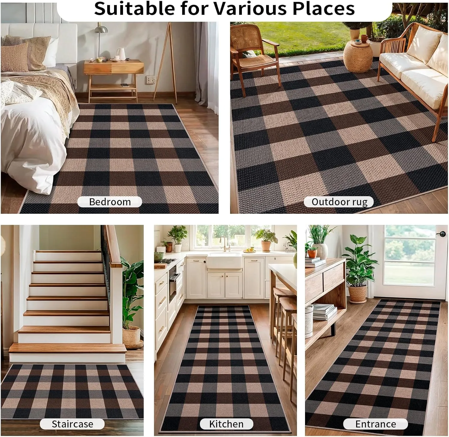 Checkered Easy Jute Runner Rug for Hallways,2x6 Washable Non-Slip Carpet Runner for Kitchen Bedroom Laundry Entryway Black Brown Indoor Outdoor Floor Mat