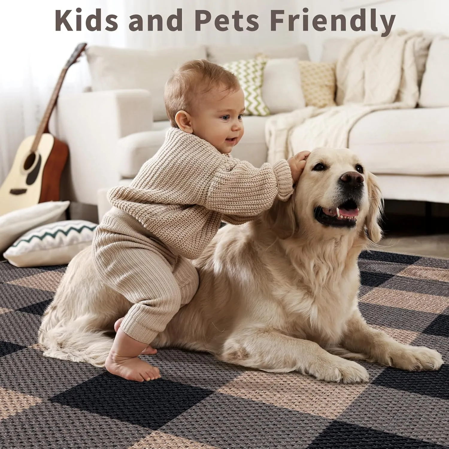 Checkered Easy Jute Runner Rug for Hallways,2x6 Washable Non-Slip Carpet Runner for Kitchen Bedroom Laundry Entryway Black Brown Indoor Outdoor Floor Mat