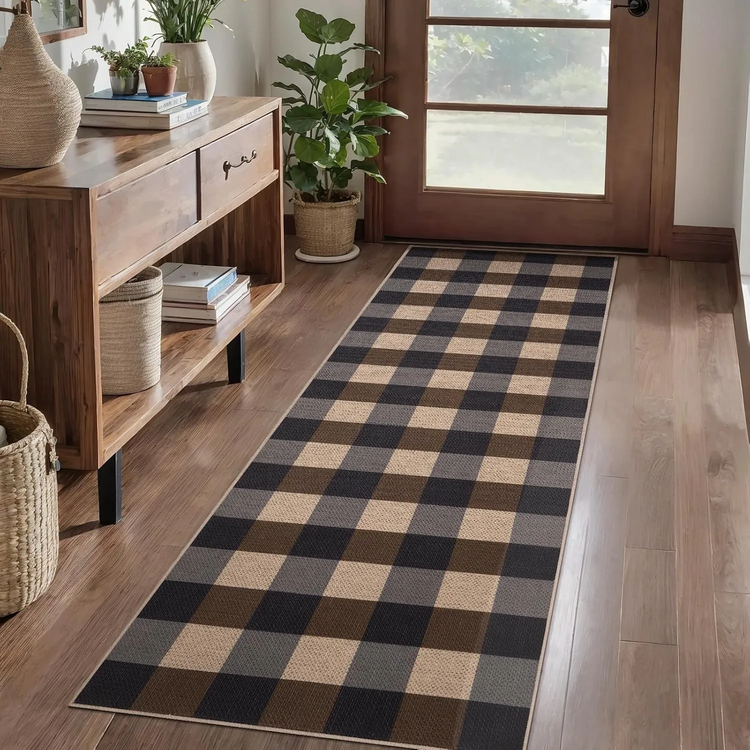 Checkered Easy Jute Runner Rug for Hallways,2x6 Washable Non-Slip Carpet Runner for Kitchen Bedroom Laundry Entryway Black Brown Indoor Outdoor Floor Mat