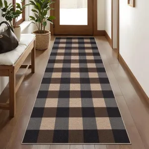 Checkered Easy Jute Runner Rug for Hallways,2x6 Washable Non-Slip Carpet Runner for Kitchen Bedroom Laundry Entryway Black Brown Indoor Outdoor Floor Mat
