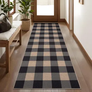 Checkered Easy Jute Runner Rug for Hallways,2x6 Washable Non-Slip Carpet Runner for Kitchen Bedroom Laundry Entryway Modern Black Grey Indoor Outdoor Floor Mat