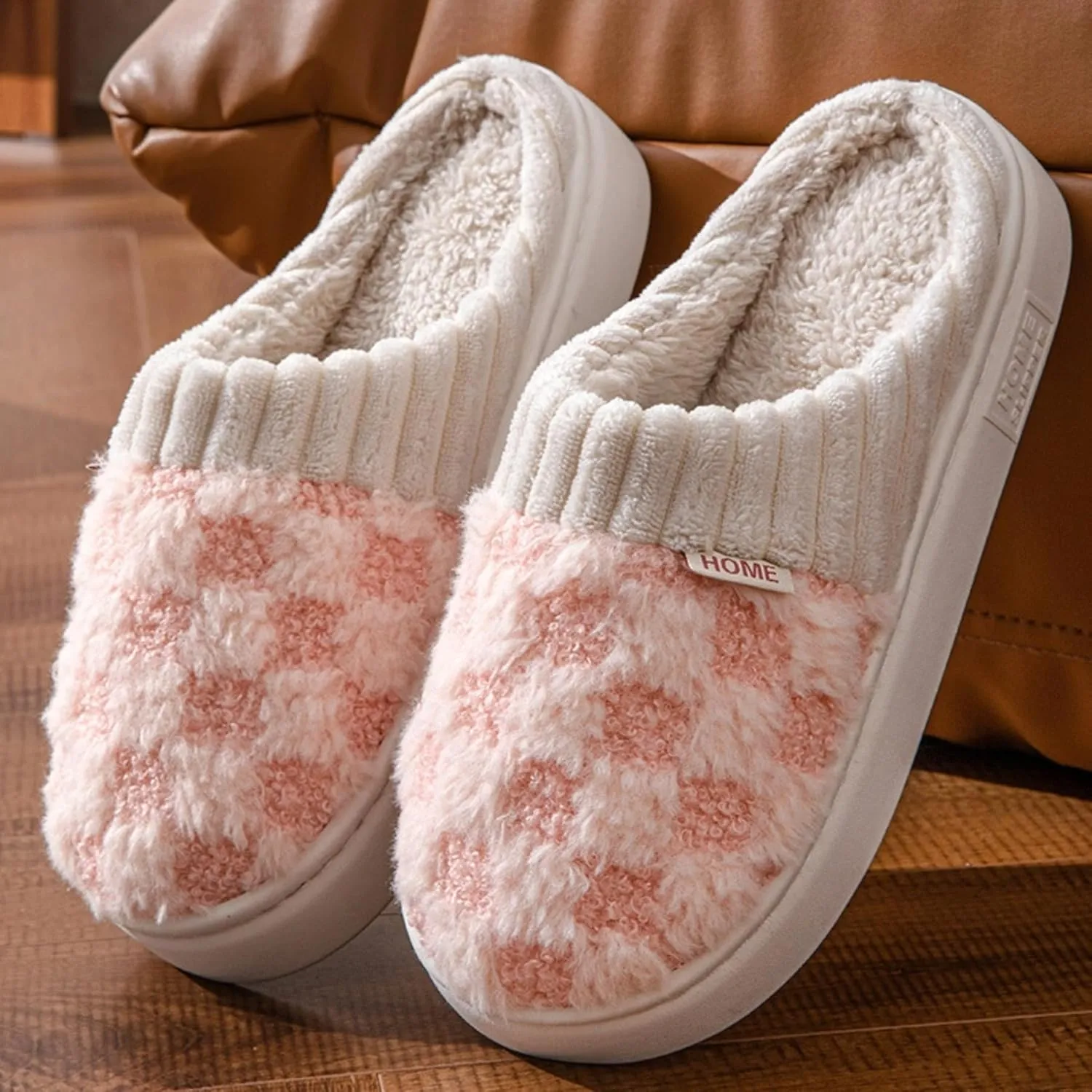 Checkered Plush House Slippers for Women Men, Non-Slip Memory Foam Indoor Slides, Plaid Winter Warm Fuzzy Home Slipper, Cozy Fleece Lined Shoes