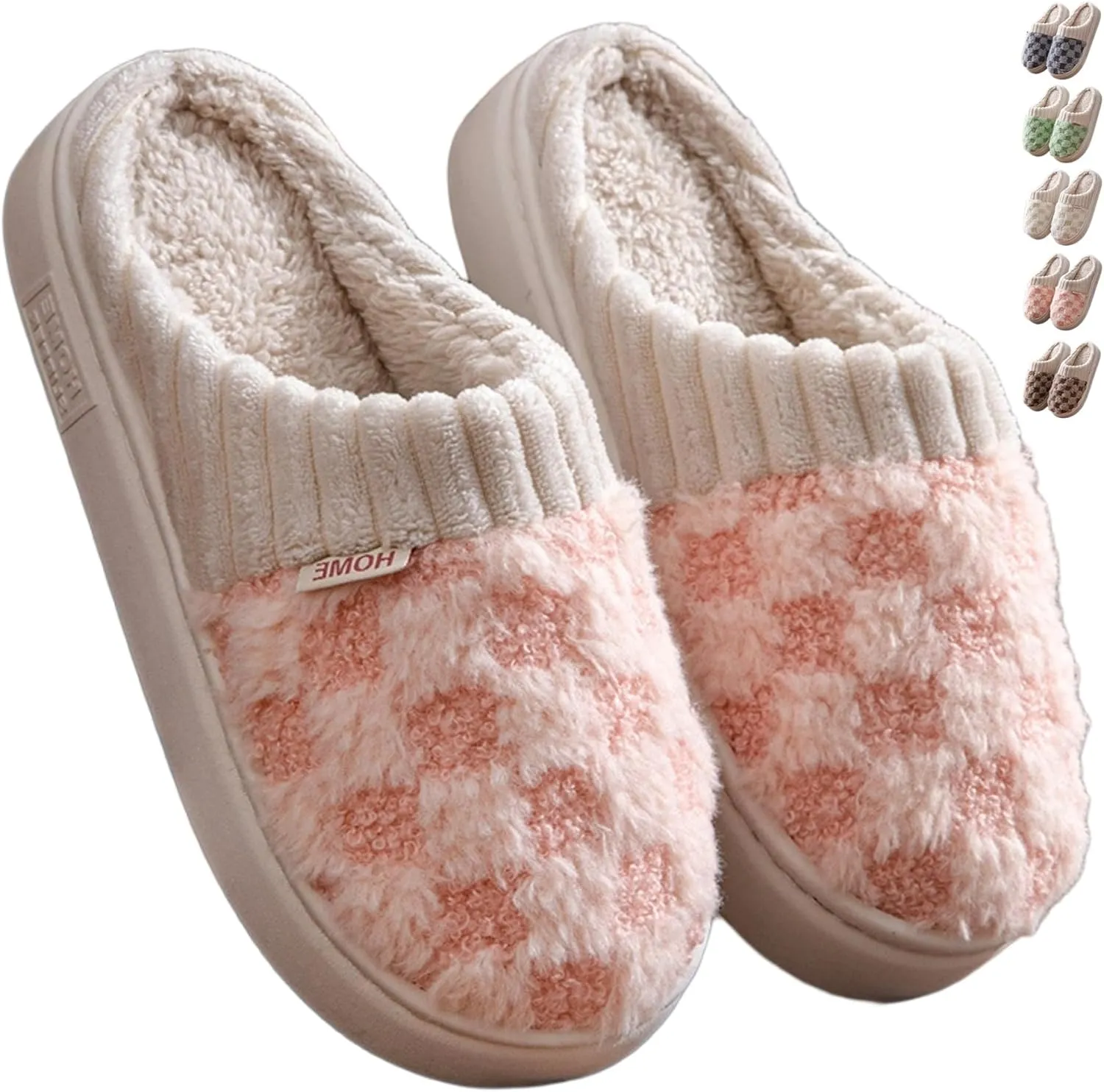 Checkered Plush House Slippers for Women Men, Non-Slip Memory Foam Indoor Slides, Plaid Winter Warm Fuzzy Home Slipper, Cozy Fleece Lined Shoes