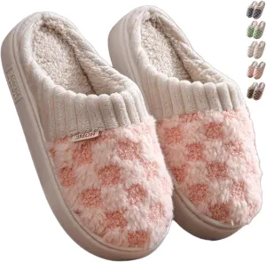 Checkered Plush House Slippers for Women Men, Non-Slip Memory Foam Indoor Slides, Plaid Winter Warm Fuzzy Home Slipper, Cozy Fleece Lined Shoes