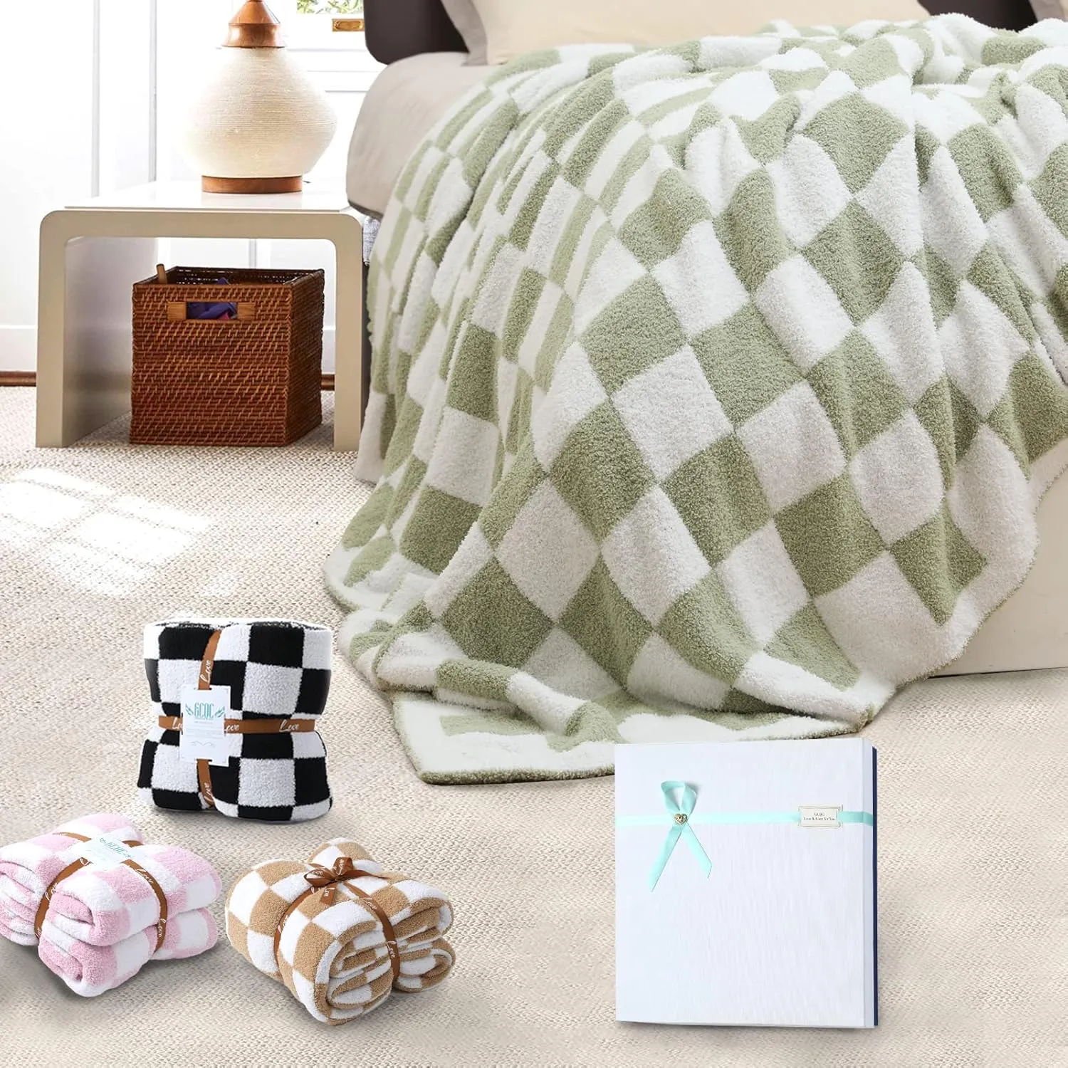 Checkered Throw Blanket, Knitted Checkerboard Grid Warmer Fluffy Shaggy Soft Cozy Fuzzy Bed Best Gifts for Mom Women with Box for Home Chair Sofa Couch