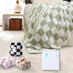 Checkered Throw Blanket, Knitted Checkerboard Grid Warmer Fluffy Shaggy Soft Cozy Fuzzy Bed Best Gifts for Mom Women with Box for Home Chair Sofa Couch