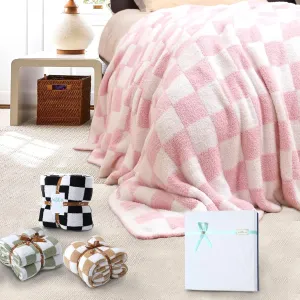 Checkered Throw Blanket, Knitted Checkerboard Grid Warmer Fluffy Shaggy Soft Cozy Fuzzy Bed Best Gifts for Mom Women with Box for Home Chair Sofa Couch