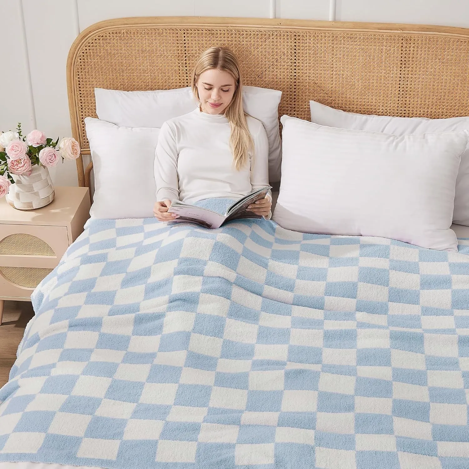 Checkered Throw Blanket Soft & Cozy Blanket for Bed, Couch, and Sofa Lightweight Stylish Versatile Blanket Home Decor for All Seasons Throws Blanket Dusty Blue 60x80 Inches