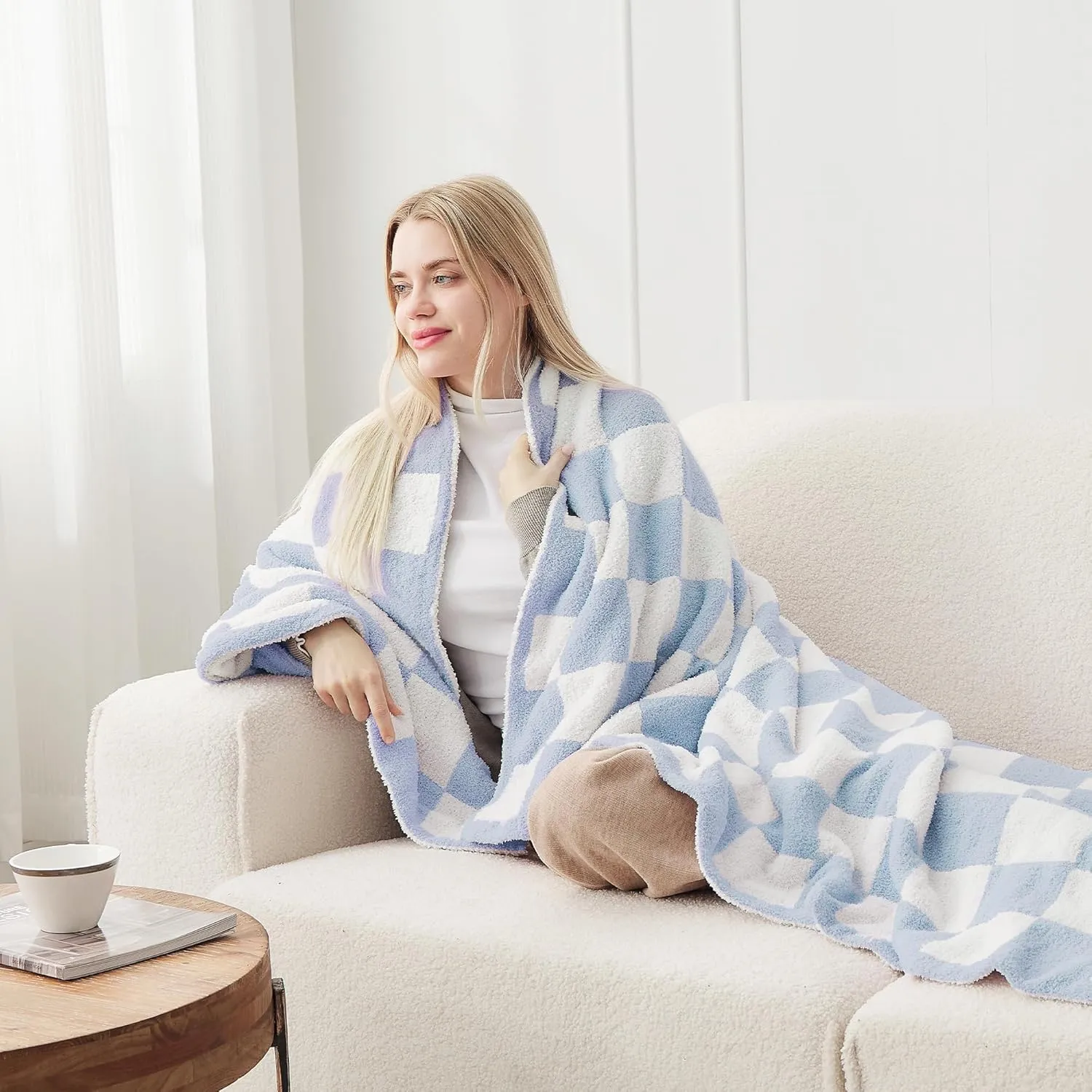 Checkered Throw Blanket Soft & Cozy Blanket for Bed, Couch, and Sofa Lightweight Stylish Versatile Blanket Home Decor for All Seasons Throws Blanket Dusty Blue 60x80 Inches