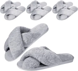 Chuarry 4 Pairs Women's Fuzzy Fluffy Slippers Cross Band Slippers Cozy Bridesmaid Shoes Open Toe Indoor and Outdoor