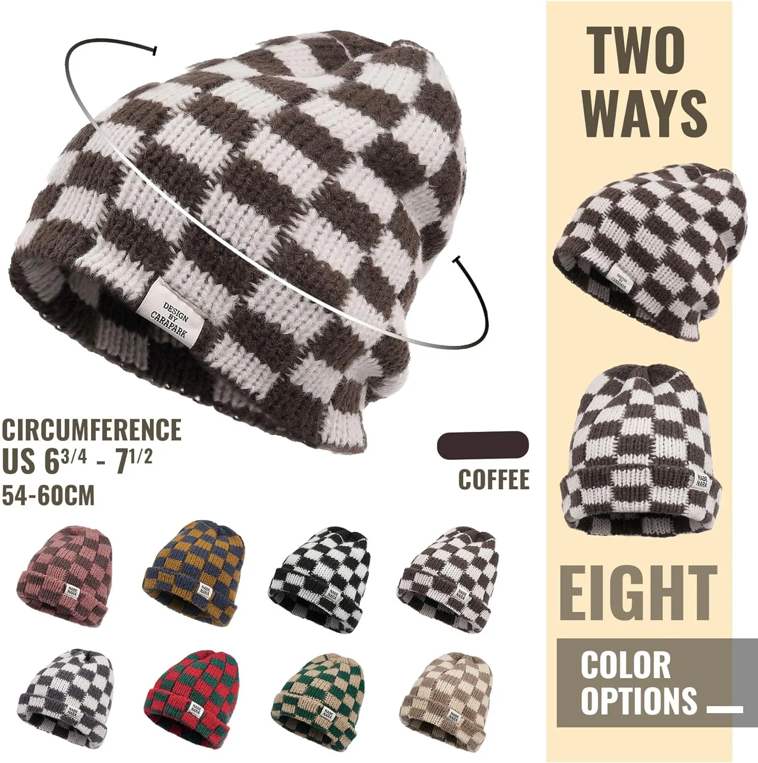 Clakllie Checkered Beanie for Women Men Slouchy Beanies Warm Knitted Hats Winter Skiing Hats Daily Cuffed Watch Skullcap