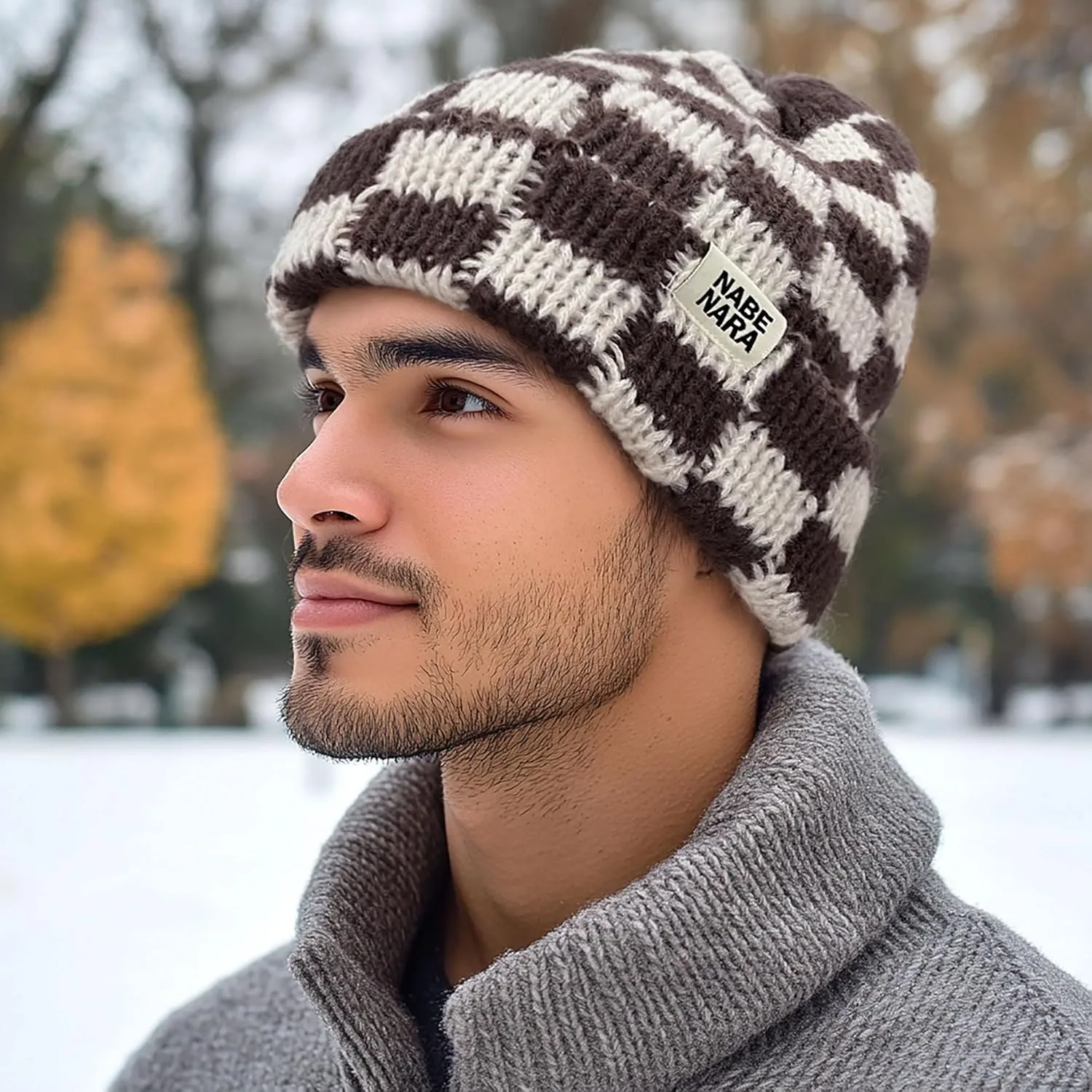Clakllie Checkered Beanie for Women Men Slouchy Beanies Warm Knitted Hats Winter Skiing Hats Daily Cuffed Watch Skullcap