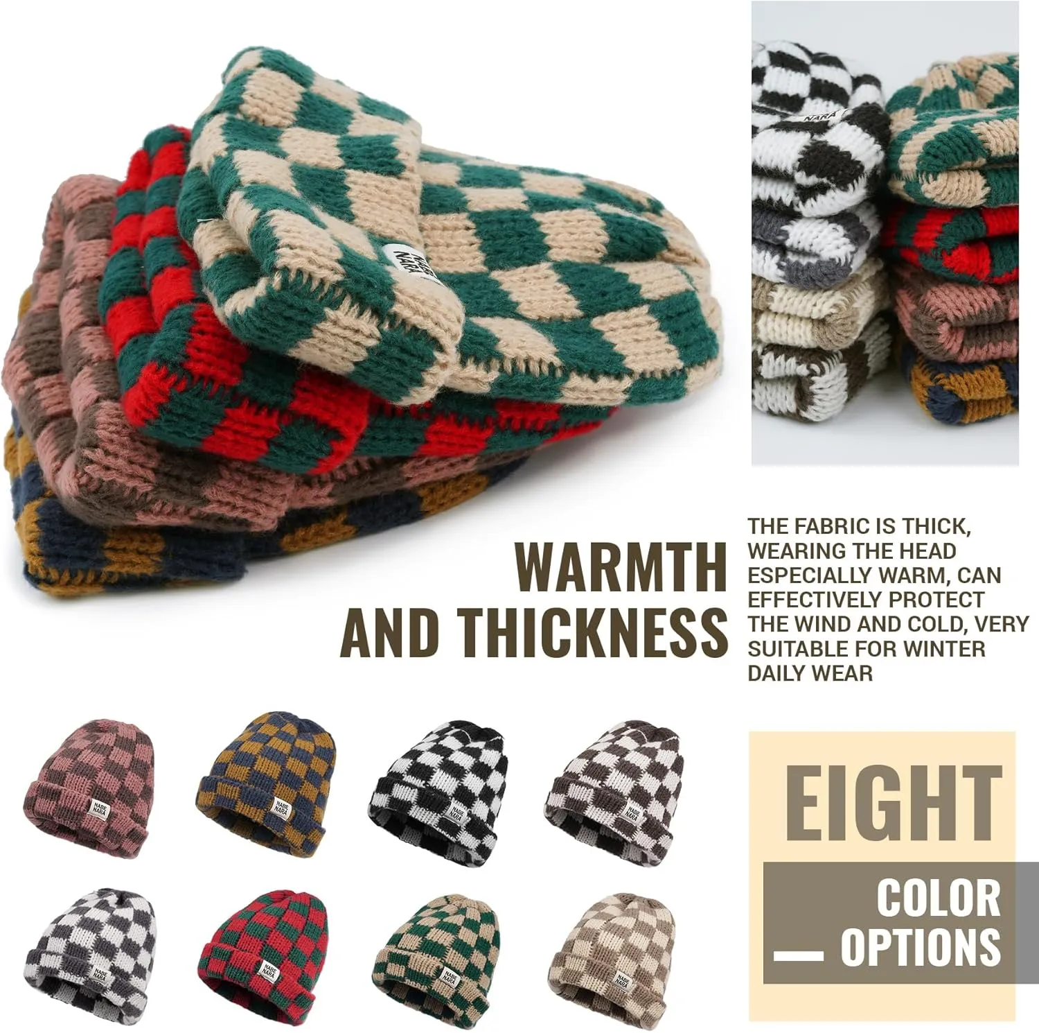 Clakllie Checkered Beanie for Women Men Slouchy Beanies Warm Knitted Hats Winter Skiing Hats Daily Cuffed Watch Skullcap
