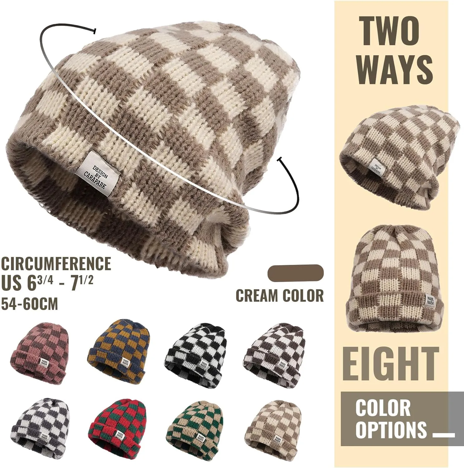 Clakllie Checkered Beanie for Women Men Slouchy Beanies Warm Knitted Hats Winter Skiing Hats Daily Cuffed Watch Skullcap