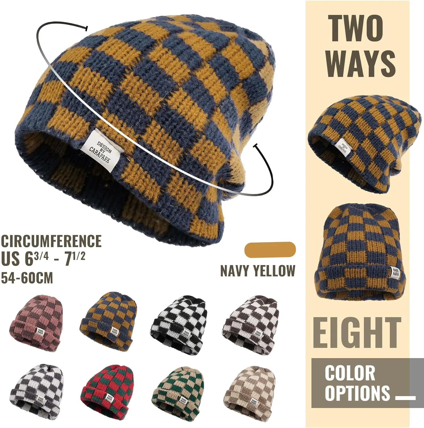 Clakllie Checkered Beanie for Women Men Slouchy Beanies Warm Knitted Hats Winter Skiing Hats Daily Cuffed Watch Skullcap
