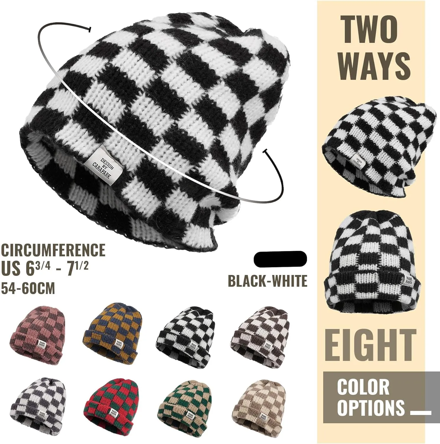 Clakllie Checkered Beanie for Women Men Slouchy Beanies Warm Knitted Hats Winter Skiing Hats Daily Cuffed Watch Skullcap
