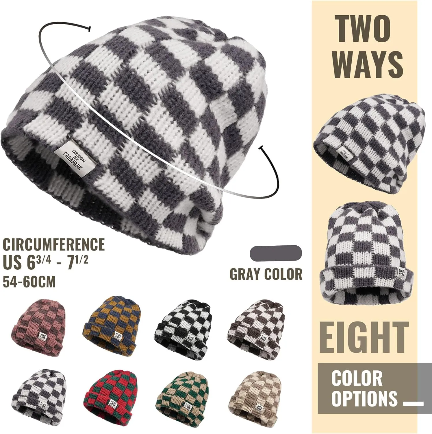 Clakllie Checkered Beanie for Women Men Slouchy Beanies Warm Knitted Hats Winter Skiing Hats Daily Cuffed Watch Skullcap