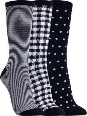 Clarks Women's Checkered Crew Socks 3 Pair, Black/Noir, Women's 4-10 Shoe