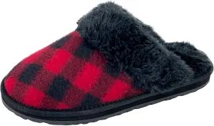 Clarks Womens Open Back Suede Leather Comfort Clog Slipper JMS0583C - Plush Faux Fur Trim - Indoor Outdoor House Slippers For Women (9 M US, Buff Plaid Black/Red)