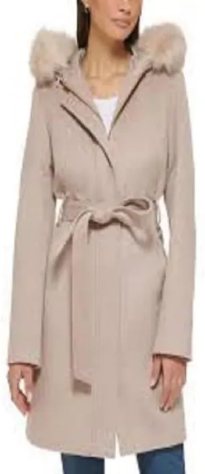Cole Haan Women's Hooded Coat Slick Wool with Detatchable Faux Fur Trim
