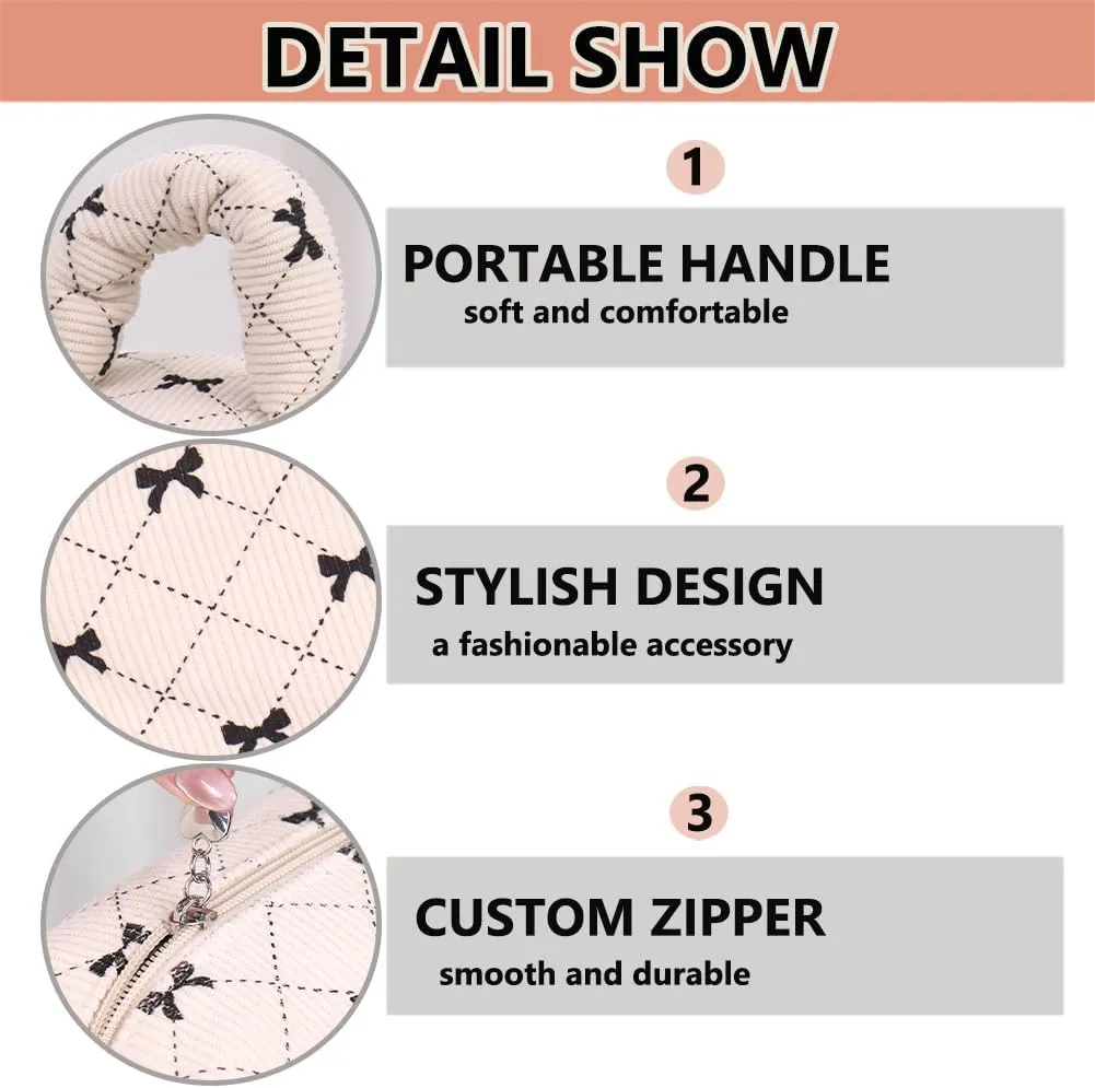 Cosmetic Bag Set with Bow Pattern, 3 Pieces Travel Makeup Organizer, Portable Large Capacity Mekeup Bag (Beige)