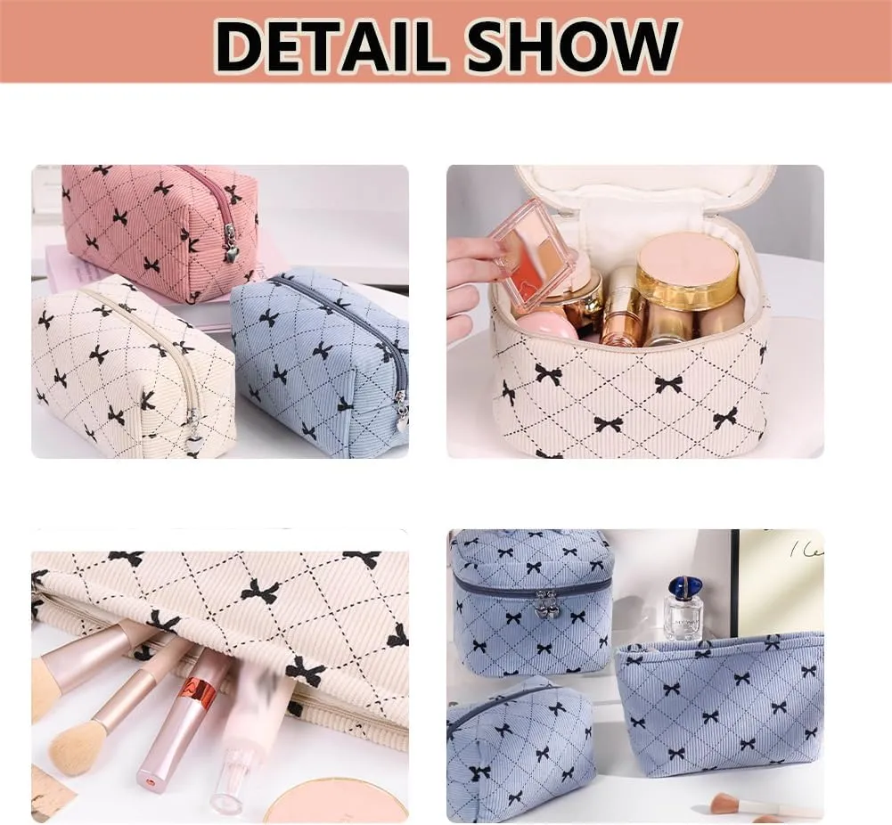 Cosmetic Bag Set with Bow Pattern, 3 Pieces Travel Makeup Organizer, Portable Large Capacity Mekeup Bag (Beige)