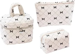 Cosmetic Bag Set with Bow Pattern, 3 Pieces Travel Makeup Organizer, Portable Large Capacity Mekeup Bag (Beige)