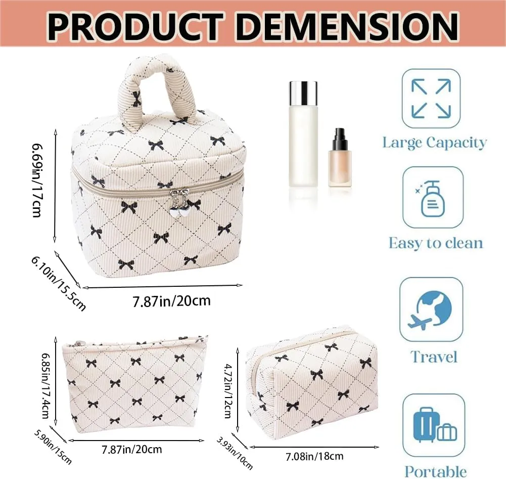Cosmetic Bag Set with Bow Pattern, 3 Pieces Travel Makeup Organizer, Portable Large Capacity Mekeup Bag (Beige)