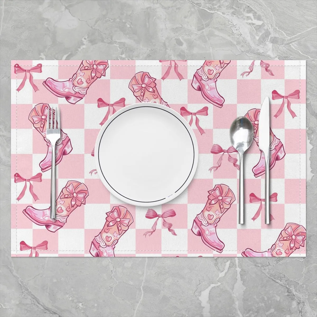 Cowgirls Table Mats 12x18 Boots Hats Place Mat for Girls Women Bowknot Geometry Checkered White Pink Heat Resisting Placemats Set of 4
