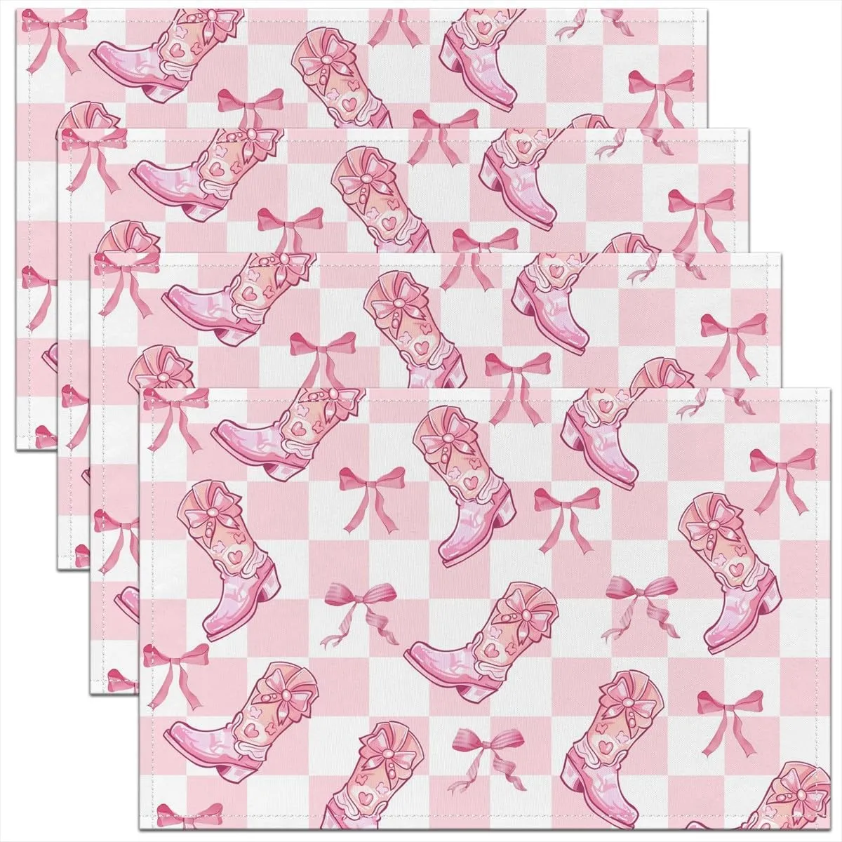 Cowgirls Table Mats 12x18 Boots Hats Place Mat for Girls Women Bowknot Geometry Checkered White Pink Heat Resisting Placemats Set of 4