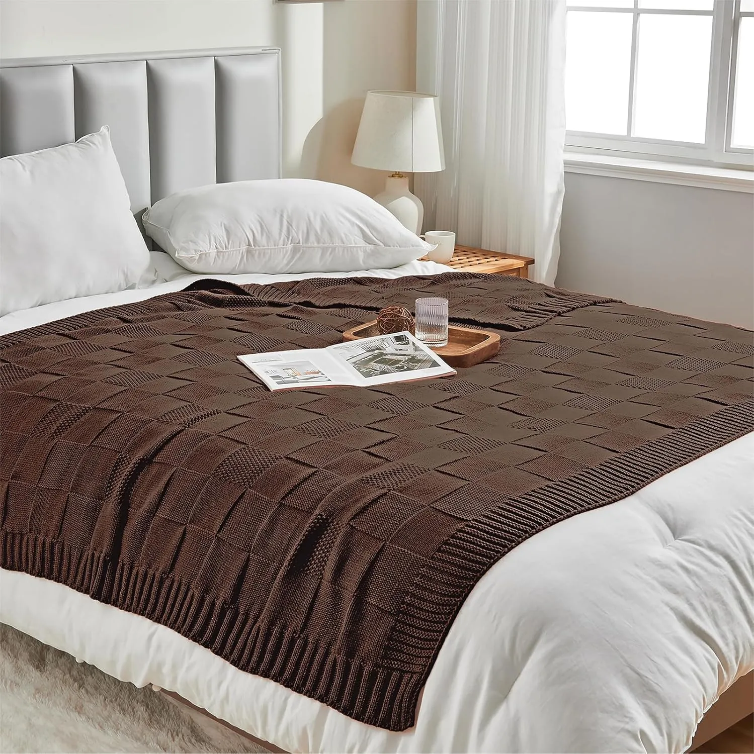 CozeCube Check Knit Throw Blanket, Dark Brown Checkered Throw for Couch, Decorative Christmas Soft Cozy Warm Knitted Blanket for Bed Sofa Living Room, 60"X80"