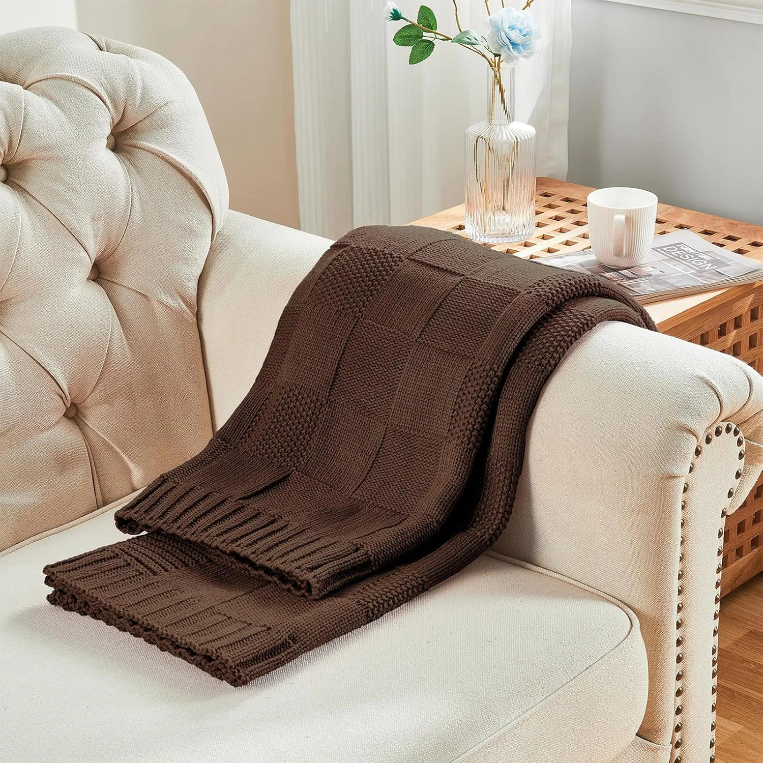 CozeCube Check Knit Throw Blanket, Dark Brown Checkered Throw for Couch, Decorative Christmas Soft Cozy Warm Knitted Blanket for Bed Sofa Living Room, 60"X80"