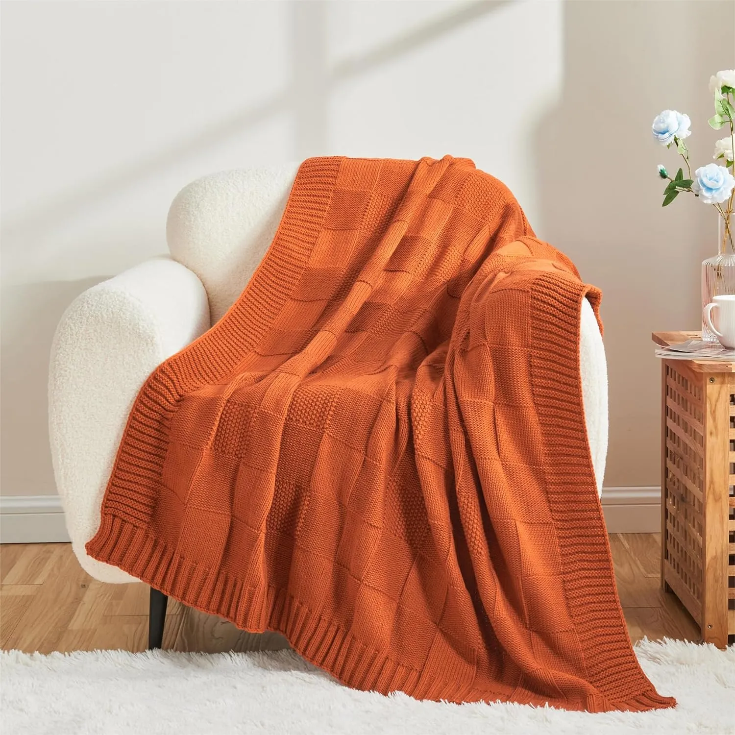 CozeCube Check Knit Throw Blanket, Rust Orange Checkered Throw for Couch, Decorative Christmas Soft Cozy Warm Knitted Blanket for Bed Sofa Living Room, 50"X60"