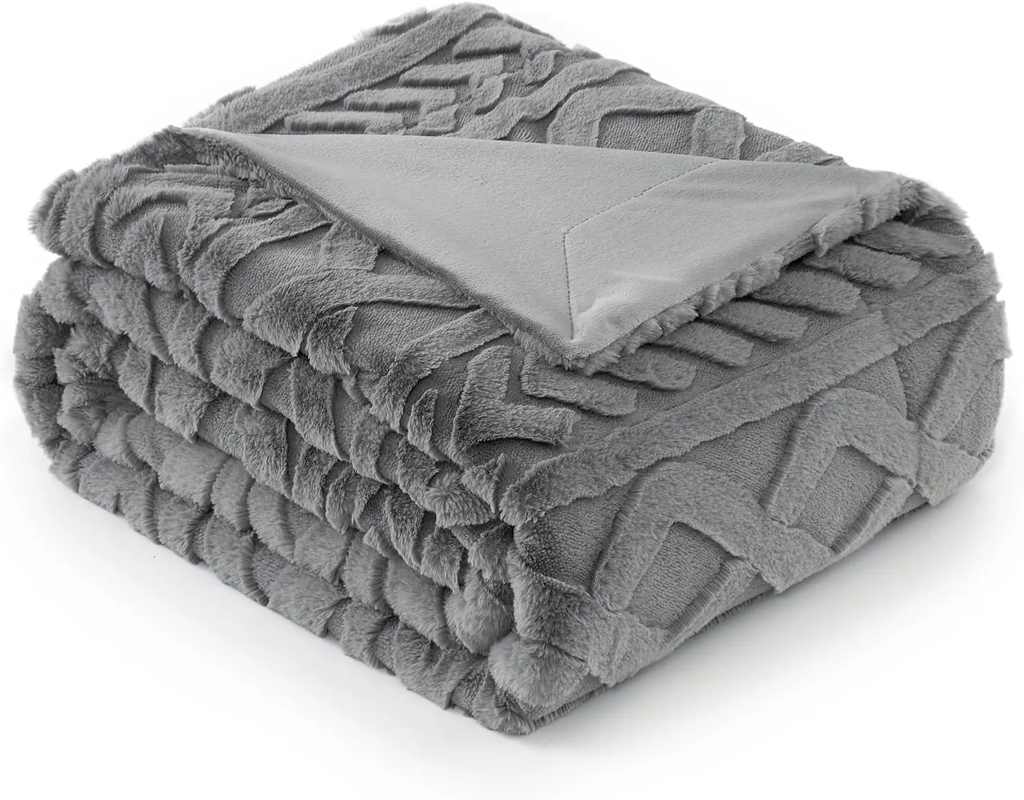 Cozy Bliss Faux Fur Throw Blanket for Couch, Jacquard Fuzzy Plush Soft Thick Winter Throw Blanket for Sofa Bed Living Room Bedroom，50"x60" Grey