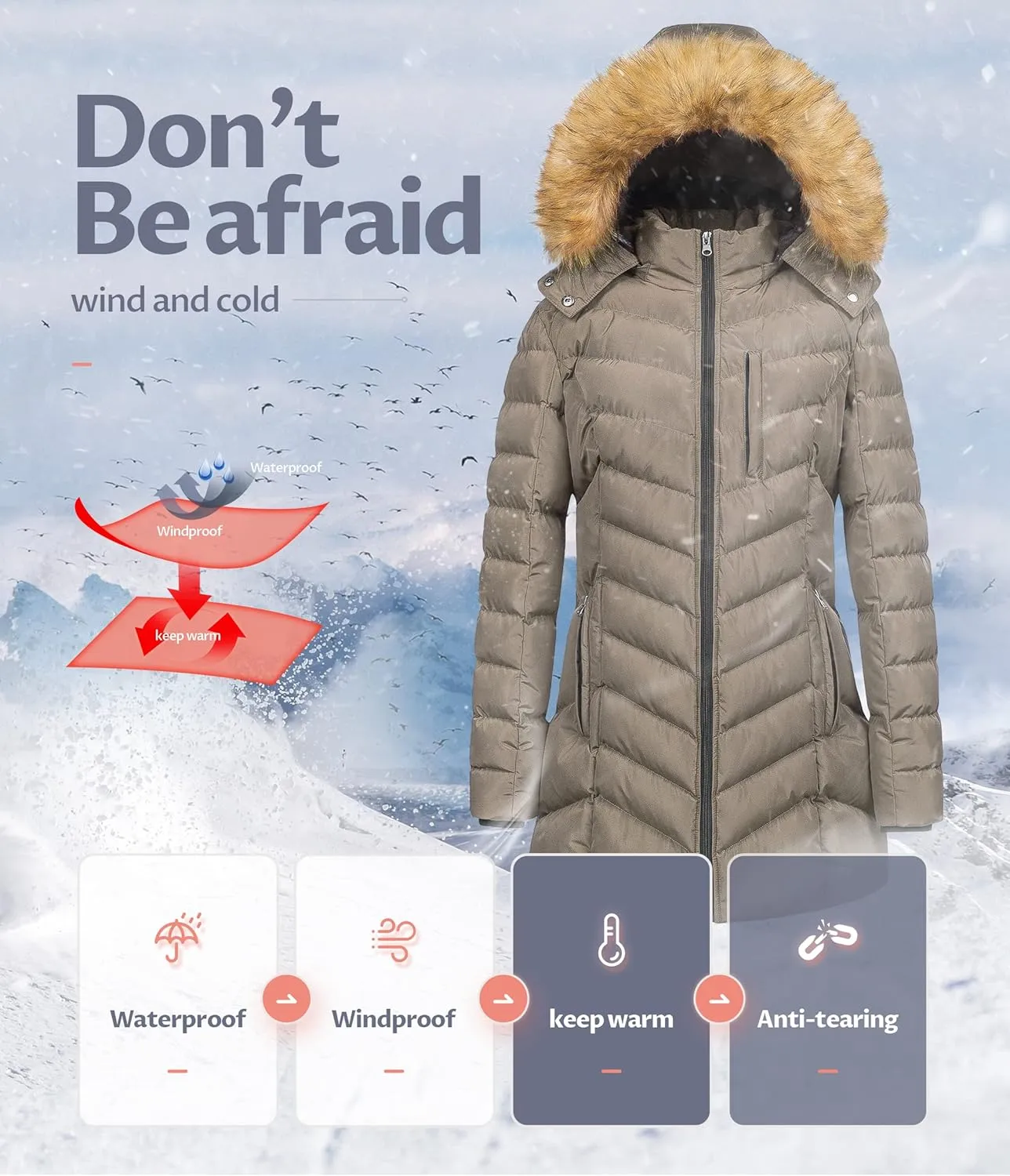CREATMO US Women's Winter Hooded Coat Waterproof Warm Long Puffer Jacket Parka