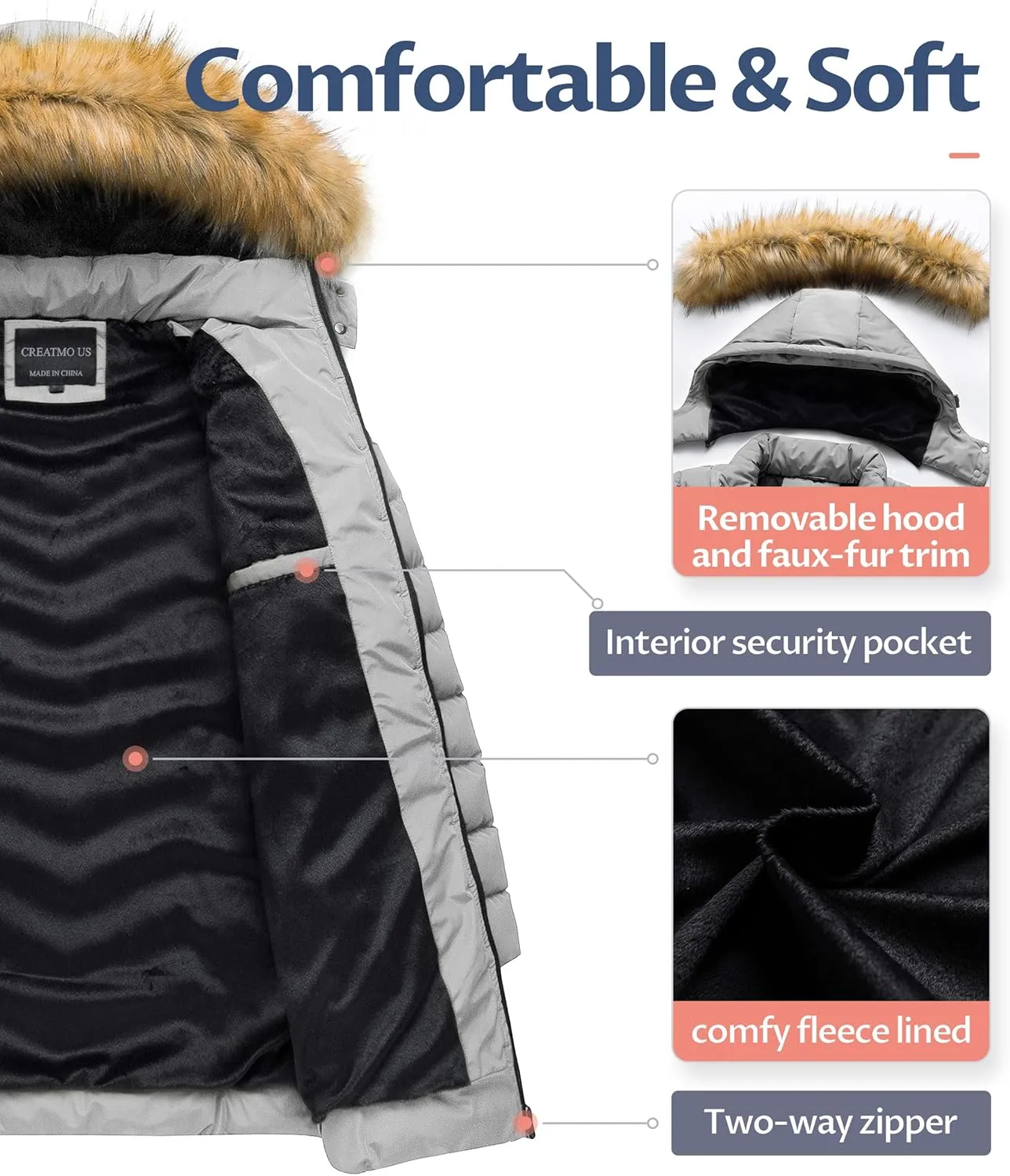 CREATMO US Women's Winter Hooded Coat Waterproof Warm Long Puffer Jacket Parka