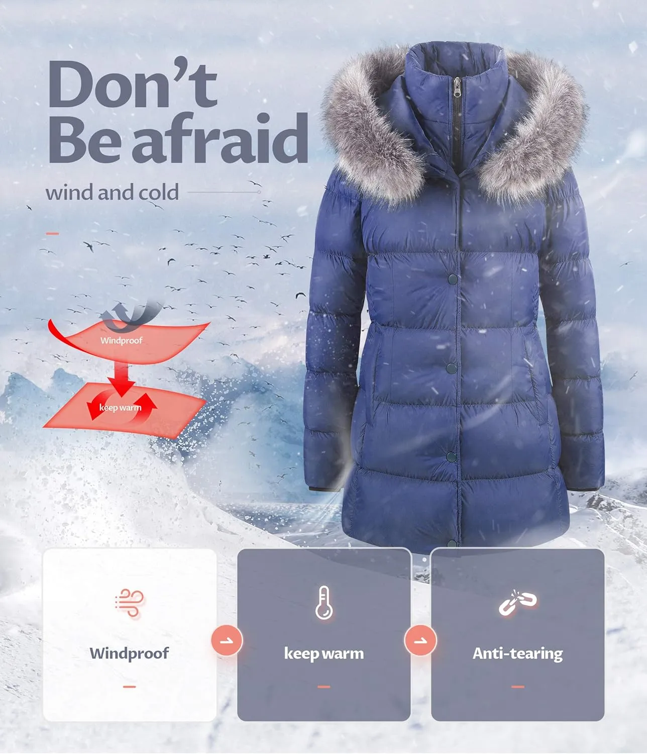 CREATMO US Women's Winter Snow Jacket Long Fur Puffer Coat With Removable Faux Fur Trim