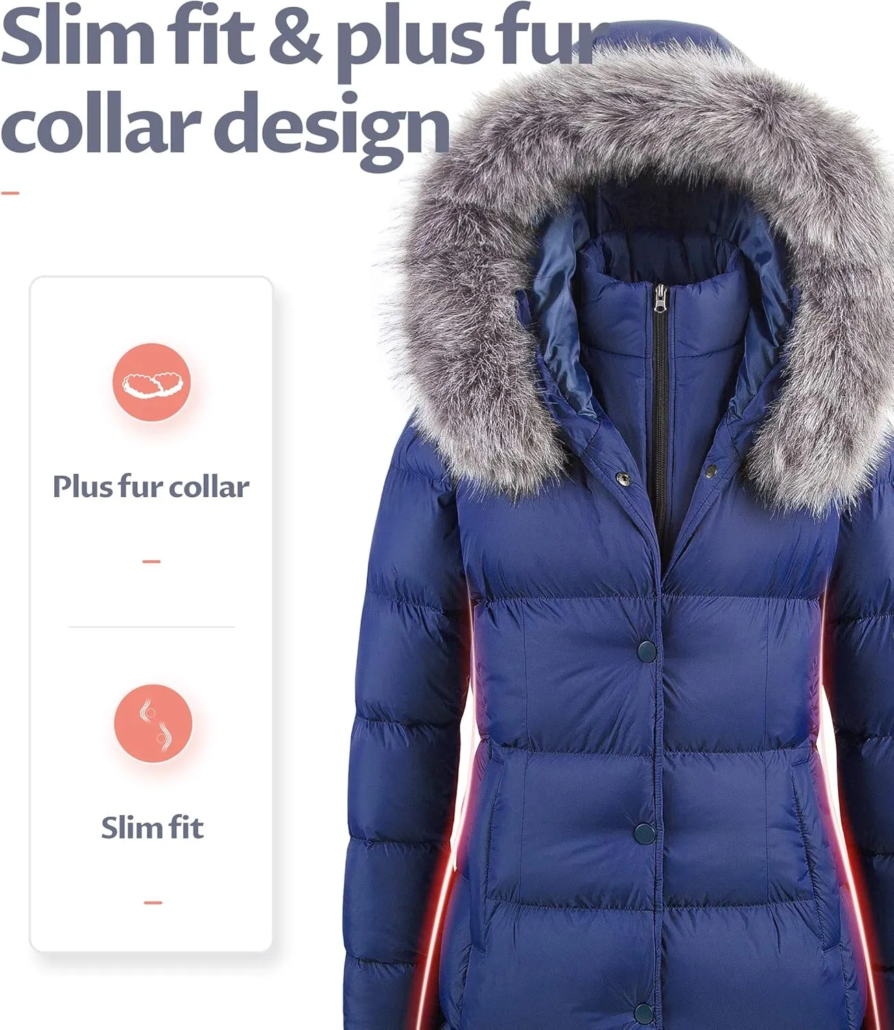 CREATMO US Women's Winter Snow Jacket Long Fur Puffer Coat With Removable Faux Fur Trim