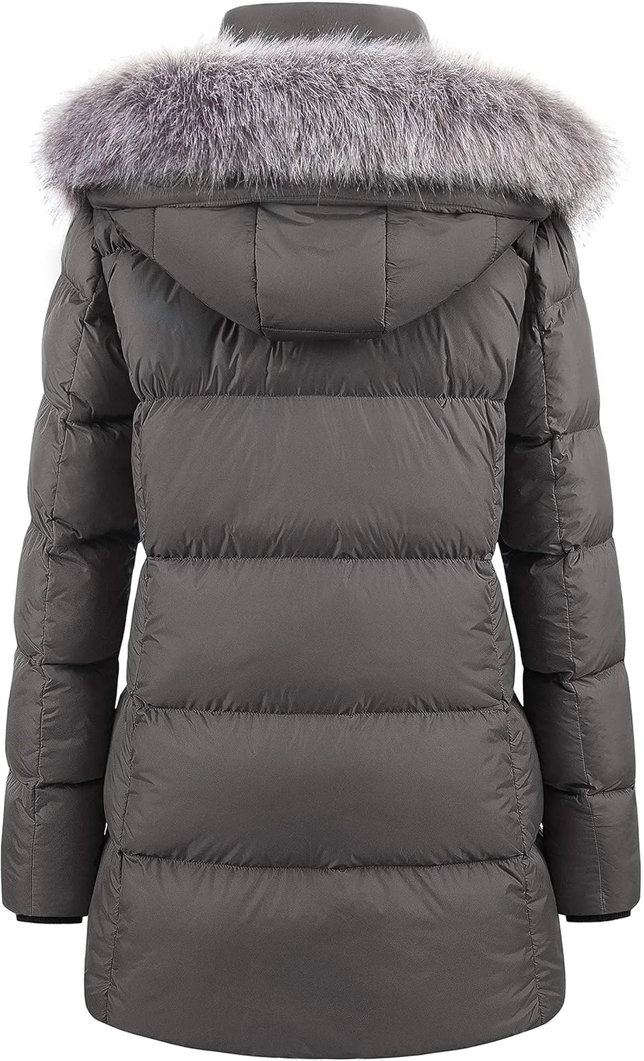 CREATMO US Women's Winter Snow Jacket Long Fur Puffer Coat With Removable Faux Fur Trim