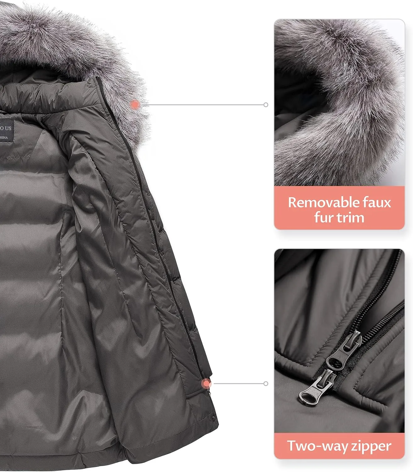 CREATMO US Women's Winter Snow Jacket Long Fur Puffer Coat With Removable Faux Fur Trim