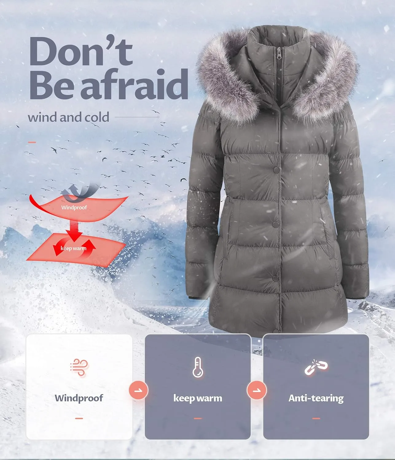 CREATMO US Women's Winter Snow Jacket Long Fur Puffer Coat With Removable Faux Fur Trim