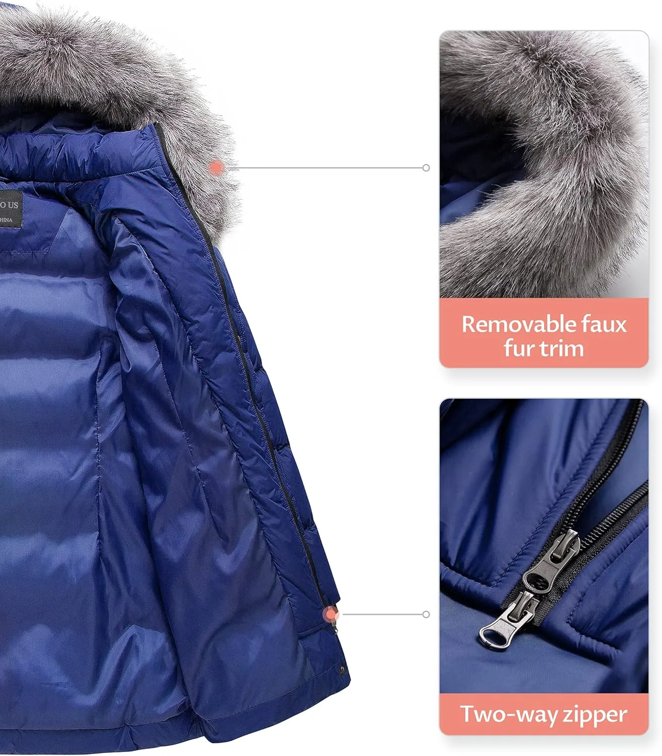 CREATMO US Women's Winter Snow Jacket Long Fur Puffer Coat With Removable Faux Fur Trim