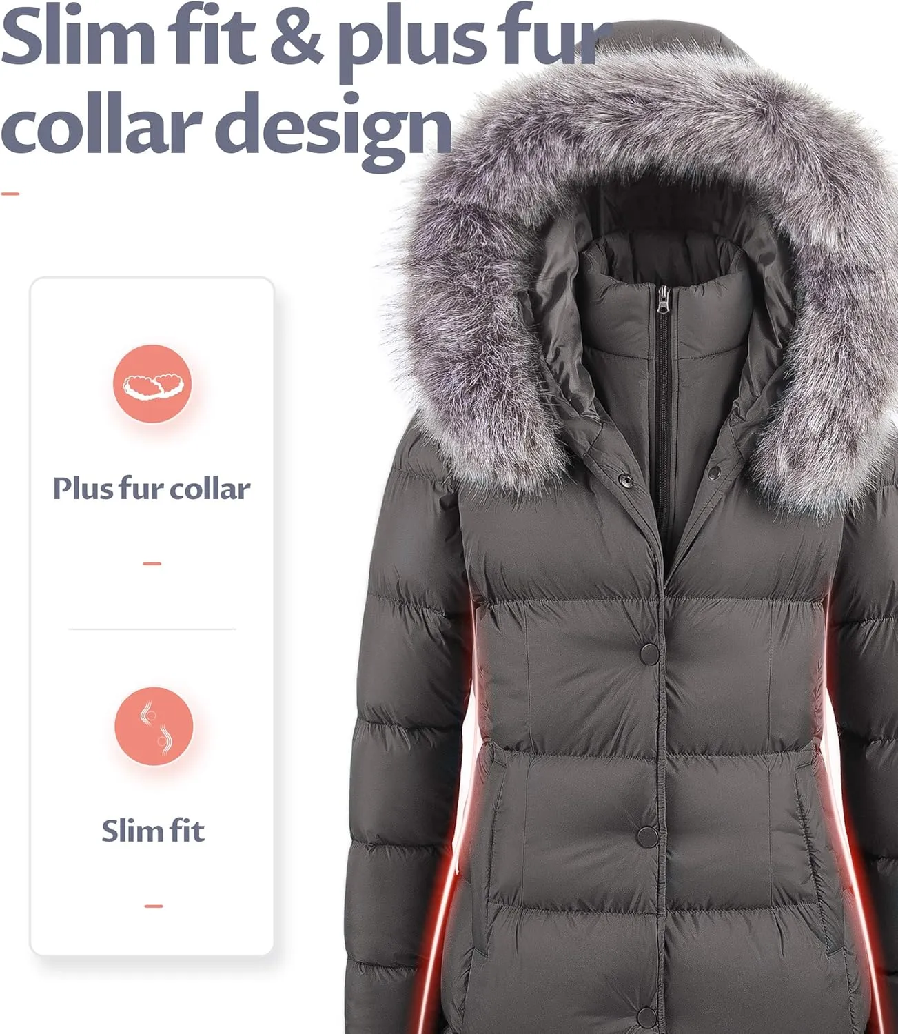 CREATMO US Women's Winter Snow Jacket Long Fur Puffer Coat With Removable Faux Fur Trim