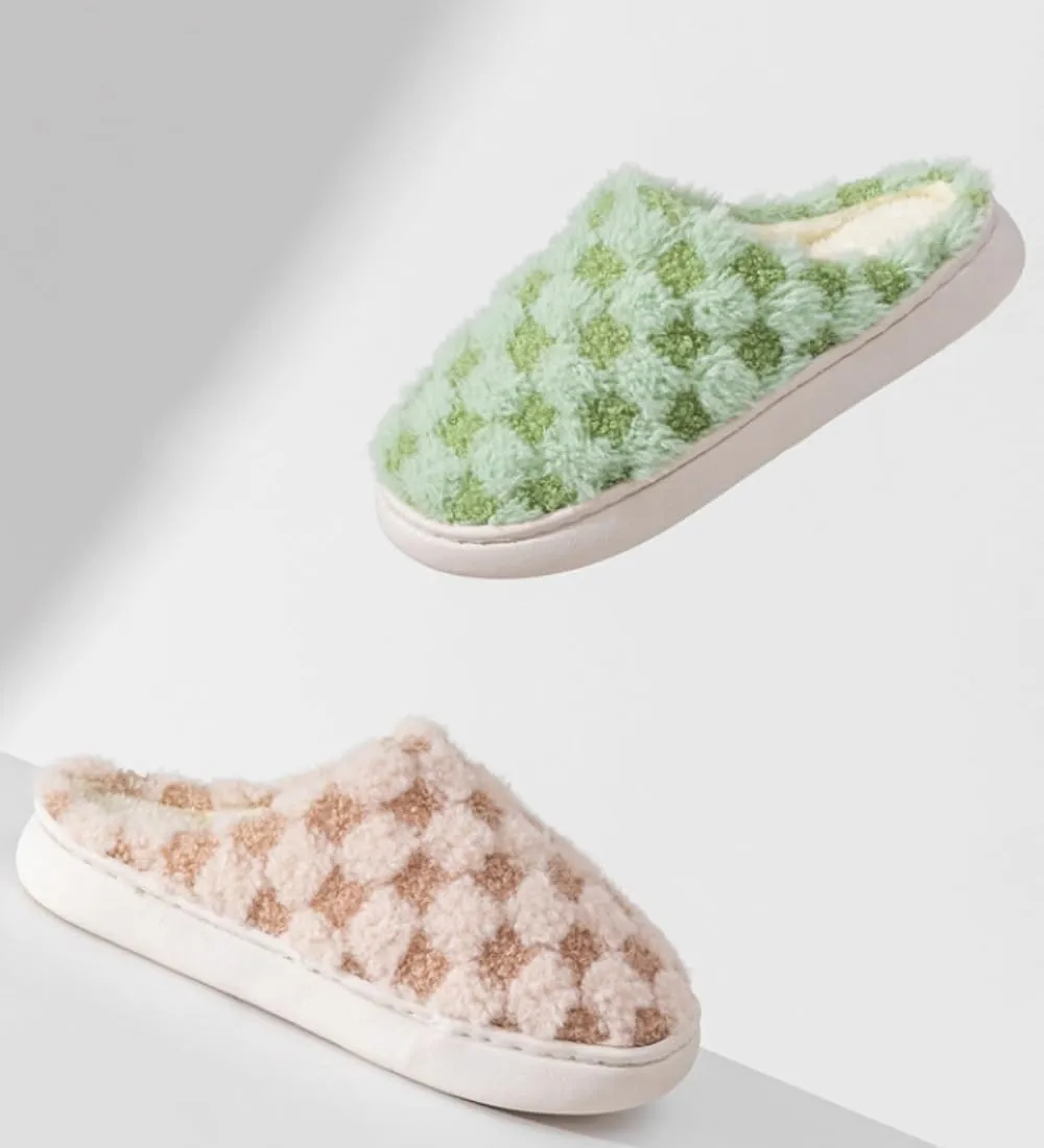 Cute Bedroom Slip on Plaid Shoes House Slippers for Women Plush Warm Fuzzy Slippers Cozy Checkered Slippers