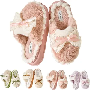 Cute Elegant Lace Bow Bowknot Fuzzy Slippers Home Slippers for Women Winter Warm Plush Comfy Sandals Non-Slip Thicken Sole Home Slippers Christmas Gift