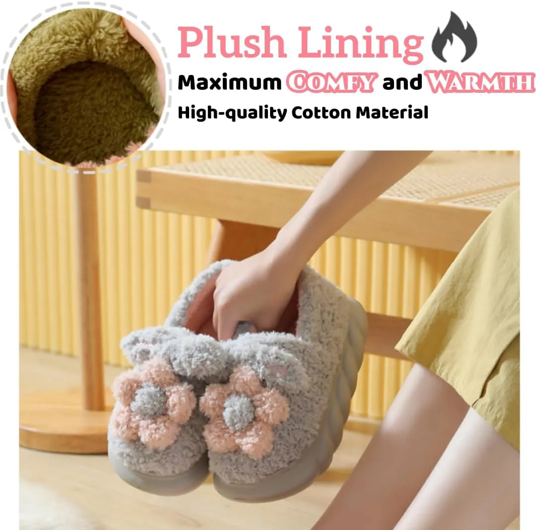Cute Floral Fuzzy Slippers for Women Flower Womens Slippers Indoor Outdoor Slippers with Plush Warm Lining Memory Foam House Slippers Platform Slippers