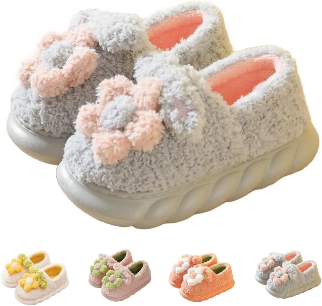 Cute Floral Fuzzy Slippers for Women Flower Womens Slippers Indoor Outdoor Slippers with Plush Warm Lining Memory Foam House Slippers Platform Slippers