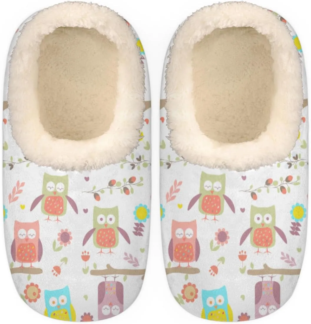 Cute Owl Branch Flowers Women's Slippers, Cartoon Pattern Soft Cozy Plush Lined House Slipper Shoes Indoor Non-Slip Slippers for Women Girls Boys Teenager
