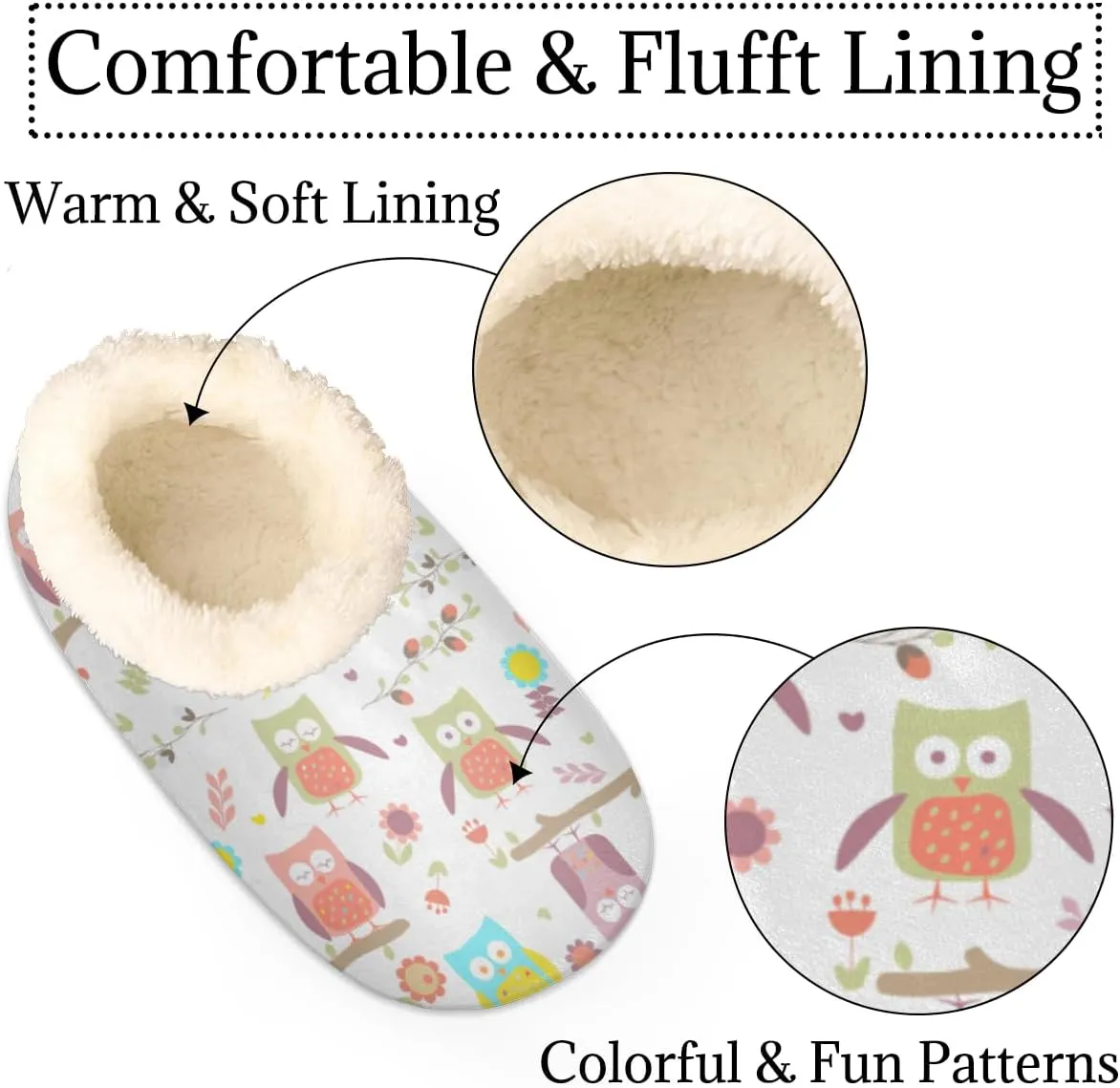 Cute Owl Branch Flowers Women's Slippers, Cartoon Pattern Soft Cozy Plush Lined House Slipper Shoes Indoor Non-Slip Slippers for Women Girls Boys Teenager